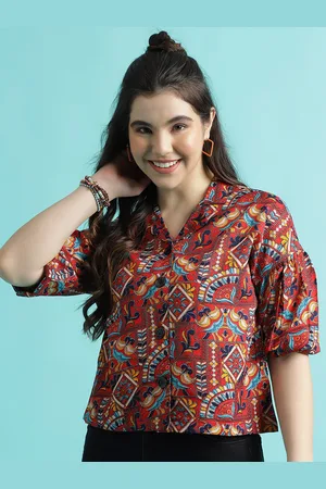DressBerry Red Ethnic Motifs Printed Shirt Collar Puff Sleeve Shirt Style Top