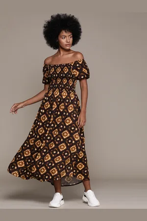 Roadster Tie & Dye Print Off-Shoulder Puff Sleeves Fit & Flare Maxi Dress