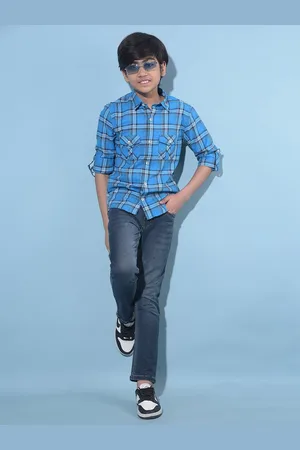 Crimsoune Club Boys Classic Checked Printed Cotton Curved Slim Fit Casual Shirt