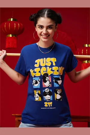 Bewakoof Blue Kung Fu Panda Drop-Shoulder Sleeves Relaxed Fit Boyfriend Cotton T-shirt