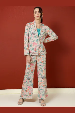 Jaipur Tropical Printed Jacket And Palazzo With Solid Crop Top