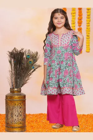 Bhama Girls Floral Printed Empire Gotta Patti Pure Cotton Kurta with Palazzo