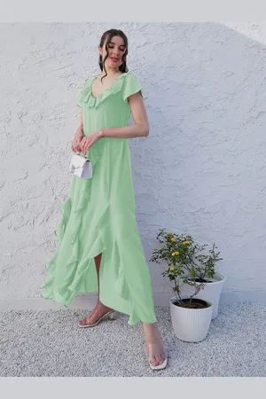 ATHENA Green V-Neck Flared Sleeve Ruffled Georgette Maxi Dress