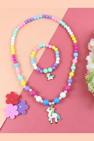 asthetika Girls Beaded Unicorn Charm Necklace & Bracelet