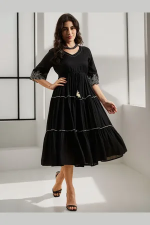 Azira Floral Embroidered V Neck Bell Sleeves Empire Fit & Flare Tiered Dress