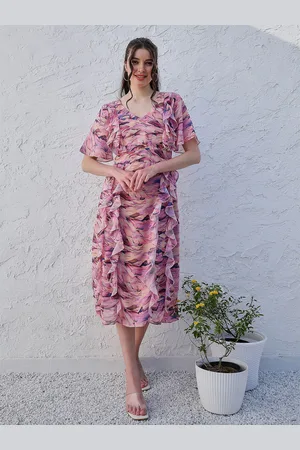 ATHENA Lavender Abstract Printed V-Neck Flared Sleeve Ruffled Georgette A-Line Midi Dress