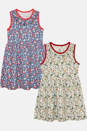 KiddoPanti Girls Pack of 2 Floral Print Pure Cotton A-Line Dress