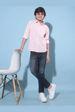 Crimsoune Club Boys Slim Fit Floral Printed Spread Collar Long Sleeves Cotton Casual Shirt