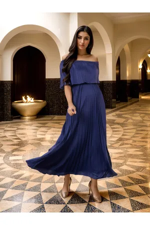 Styli Navy Blue Striped Off Shoulder A-Line Maxi Dress