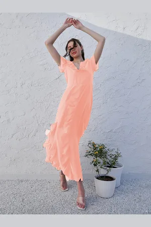 ATHENA Orange V-Neck Flared Sleeve Ruffled Georgette Maxi Dress