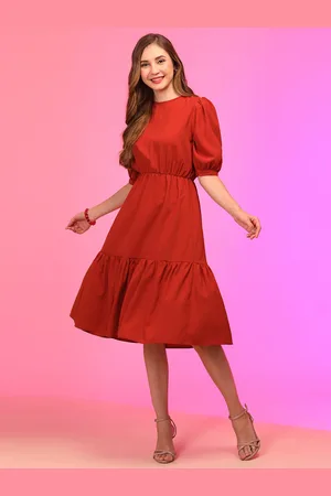 Globus Rust Puff Sleeve Crepe Fit & Flare Midi Dress
