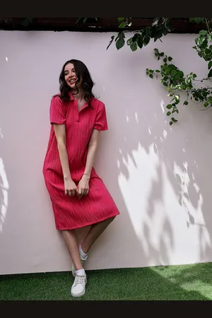ATHENA Fuchsia Self Design Short Sleeves Shirt Midi Dress