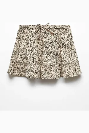 MANGO Girls Leopard Print Above Knee Flared Tiered Pure Cotton Skirt
