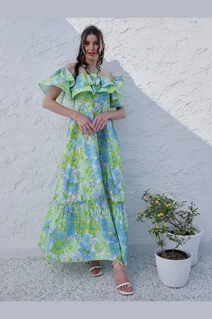 ATHENA Green Floral Printed Halter Neck Tiered Gathered Crepe Maxi Midi Dress