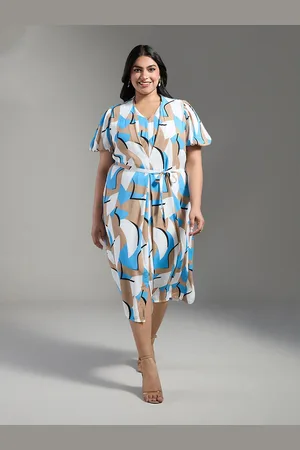 20Dresses Plus Size Blue Abstract Printed V-Neck Puff Sleeve Belted A-Line Midi Dress