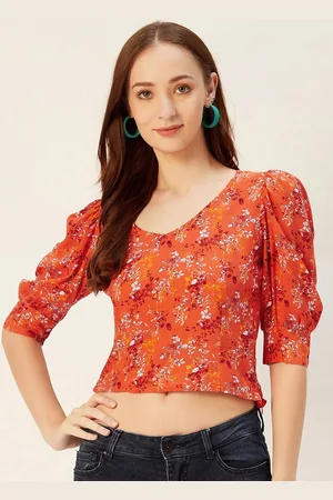 Sera Women Orange V-Neck Floral Print Crop Top