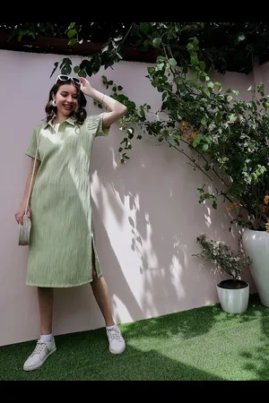 ATHENA Green Self Design Short Sleeves Shirt Midi Dress