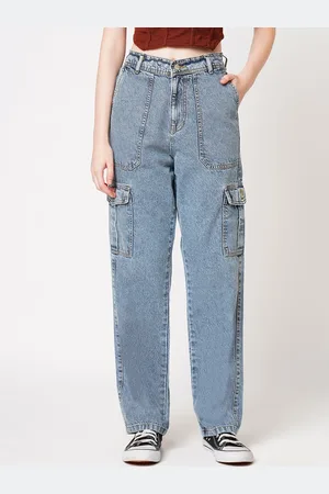 Kraus Women Relaxed Fit High-Rise Light Fade Cotton Cargos Jeans