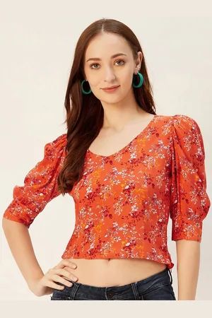 Sera Women Orange Floral Print Bohemian Crop Top