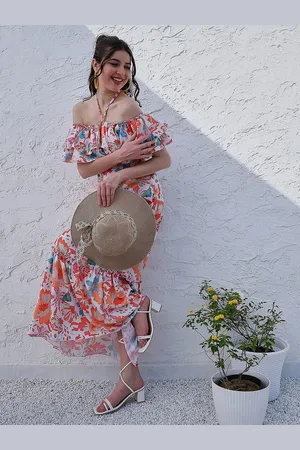 ATHENA Orange Floral Printed Halter Neck Tiered Gathered Crepe Maxi Midi Dress