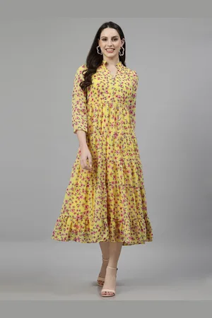 Aayu Floral Print Mandarin Collar Georgette A-Line Midi Dress