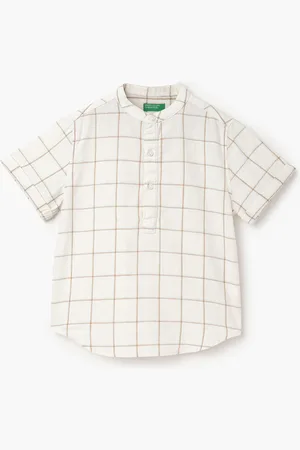 Benetton Boys Windowpane Checks Mandarin Collar Opaque Casual Shirt