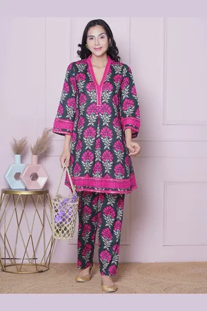 Bhama Couture Floral Printed V-Neck Pure Cotton Tunic with Trousers