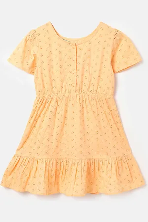 Benetton Girls Self Design Puffed Sleeves Pure Cotton Fit & Flare Dress