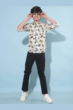 Crimsoune Club Boys Slim Fit Floral Printed Spread Collar Long Sleeves Cotton Casual Shirt
