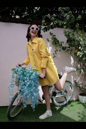 ATHENA Yellow Cuffed Sleeves Oversized Denim Shirt Dress