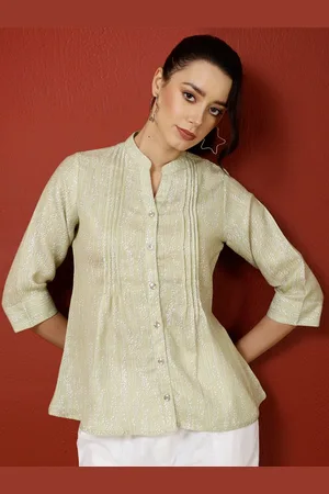Jaipur Floral Print Mandarin Collar Pleated Shirt Style Top