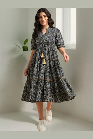 Azira Floral Printed Mandarin Collar Pure Cotton Fit & Flare Dress