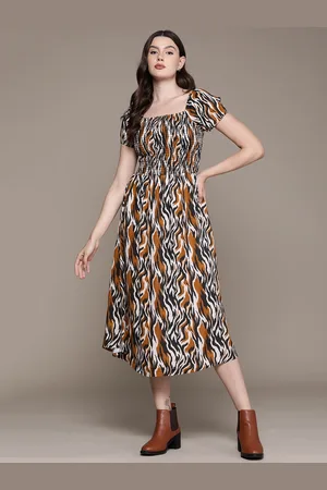 Roadster Abstract Print Puff Sleeve Fit & Flare Midi Dress