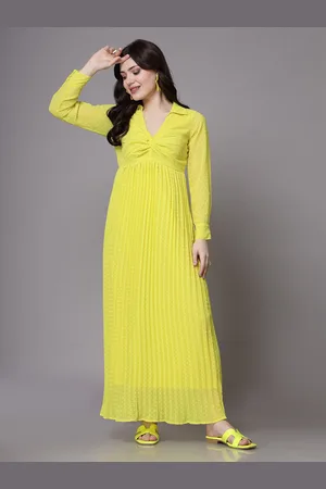 Aayu Self Design Shirt Collar Long Sleeves Gathered Accordion Pleated Georgette Maxi Dress