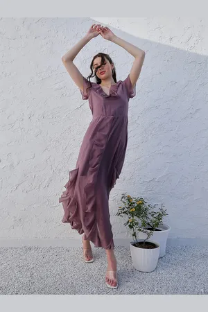ATHENA Mauve V-Neck Flared Sleeve Ruffled Georgette Maxi Dress