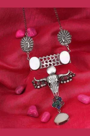 Adwitiya Collection Silver-Plated Stone-Studded Brass Oxidised Necklace