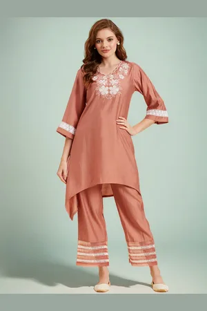 Azira Floral Embroidered V-Neck Tunic With Trousers
