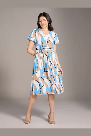 20Dresses Xxd urban brights Blue V-Neck Abstract Print Puff Sleeves A-Line Midi Dress