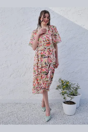ATHENA Orange Abstract Printed V-Neck Flared Sleeve Ruffled Georgette A-Line Midi Dress