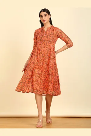 Soch Floral Printed Mandarin Collar Gotta Patti Cotton A-Line Midi Ethnic Dress