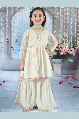 Little Bansi Girls Round Neck Pure Cotton A-Line Kurta with Pyjamas & With Dupatta