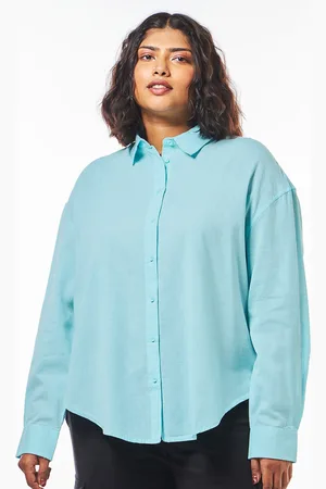 Bewakoof Blue Plus Size High-Low Oversized Cotton Casual Shirt