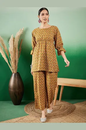 InWeave Ethnic Motifs Kantha Printed Pleated A-Line Pure Cotton Kurti with Trouser