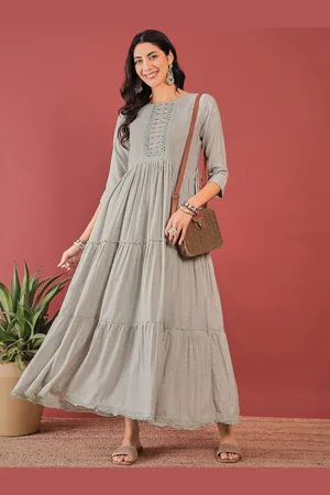 Anouk Embroidered Round Neck Fit & Flare Tiered Maxi Dress