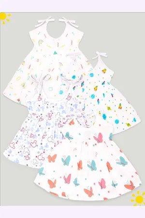 Kidbea Infant Girls Pack Of 4 Conversational Printed Round Neck Cotton Fit & Flare Dress