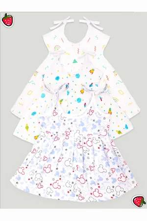 Kidbea Infant Girls Pack Of 3 Conversational Printed Round Neck Cotton Fit & Flare Dress