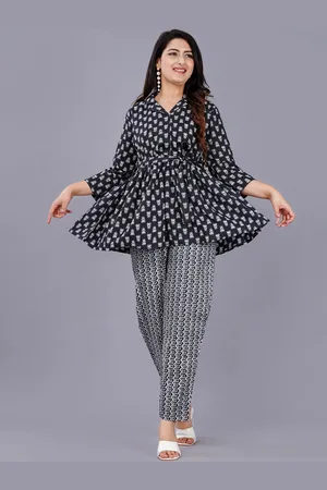 AO Services Cuban Collar Floral Printed Empire Thread Work Pure Cotton Kurti with Palazzos