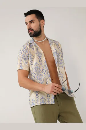 Campus Beige Classic Ethnic Motifs Printed Cuban Collar Cotton Casual Shirt