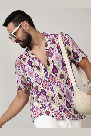 Campus Lavender Classic Ethnic Motifs Printed Cuban Collar Cotton Casual Shirt