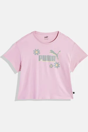 PUMA Girls Graphics Summer Flower & Brand Logo Print Pure Cotton Relaxed Fit Crop T-shirt